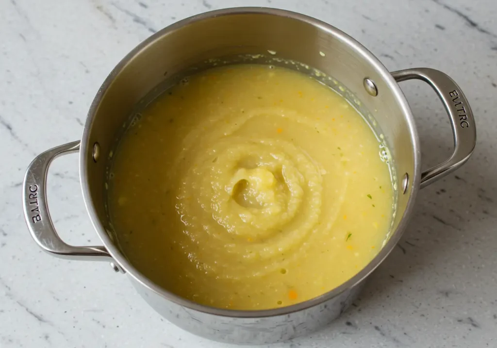 Blending a creamy potato soup with an immersion blender, creating a smooth and velvety texture.