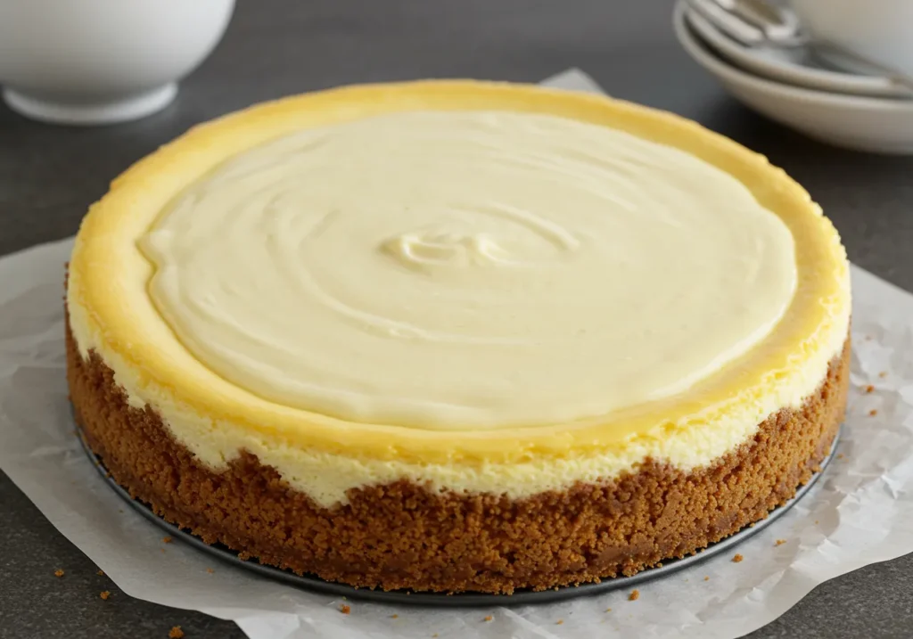 Freshly baked blueberry cheesecake cooling in the oven with a golden top and slightly jiggly center.