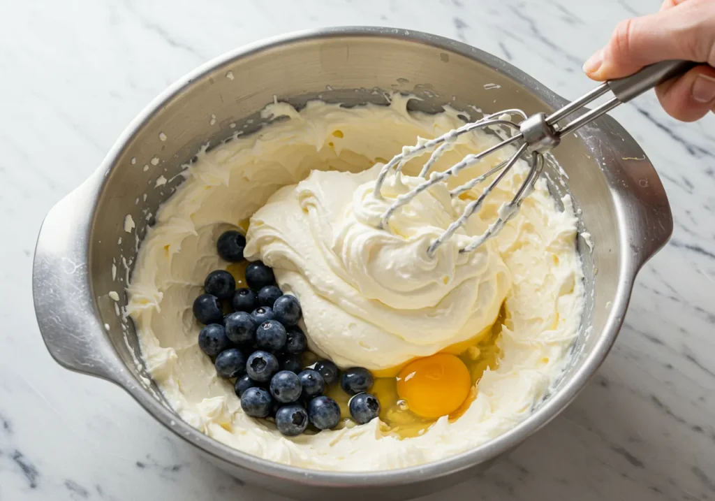 Cream cheese mixture with blueberries gently folded in, ready for cheesecake filling.