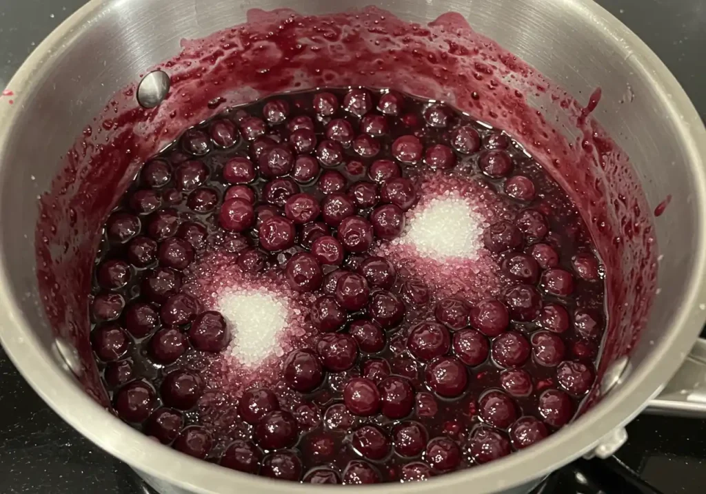 Fresh blueberries simmering in a saucepan with sugar and lemon juice, creating a thick, glossy sauce.