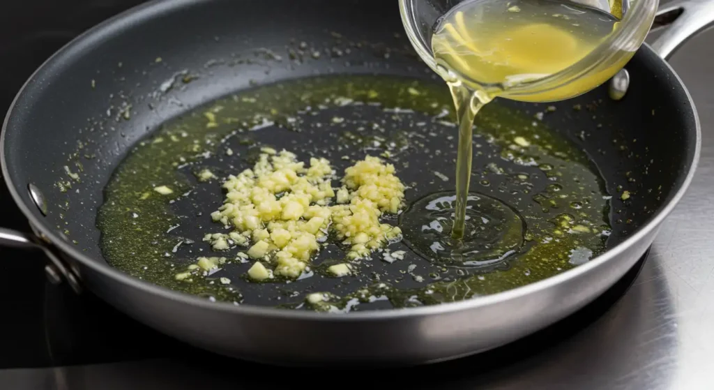 A skillet with melted butter and minced garlic sizzling, followed by chicken stock simmering to reduce.