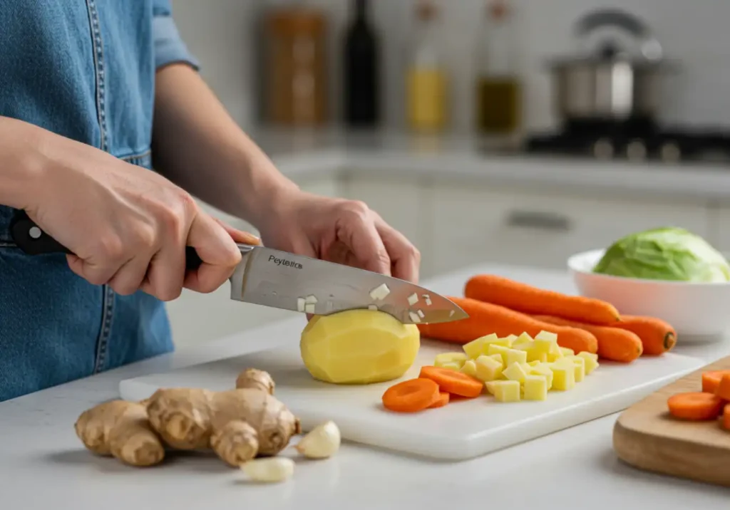 Chopped onions, garlic, ginger, and diced potatoes on a wooden cutting board, ready for a flavorful chicken curry