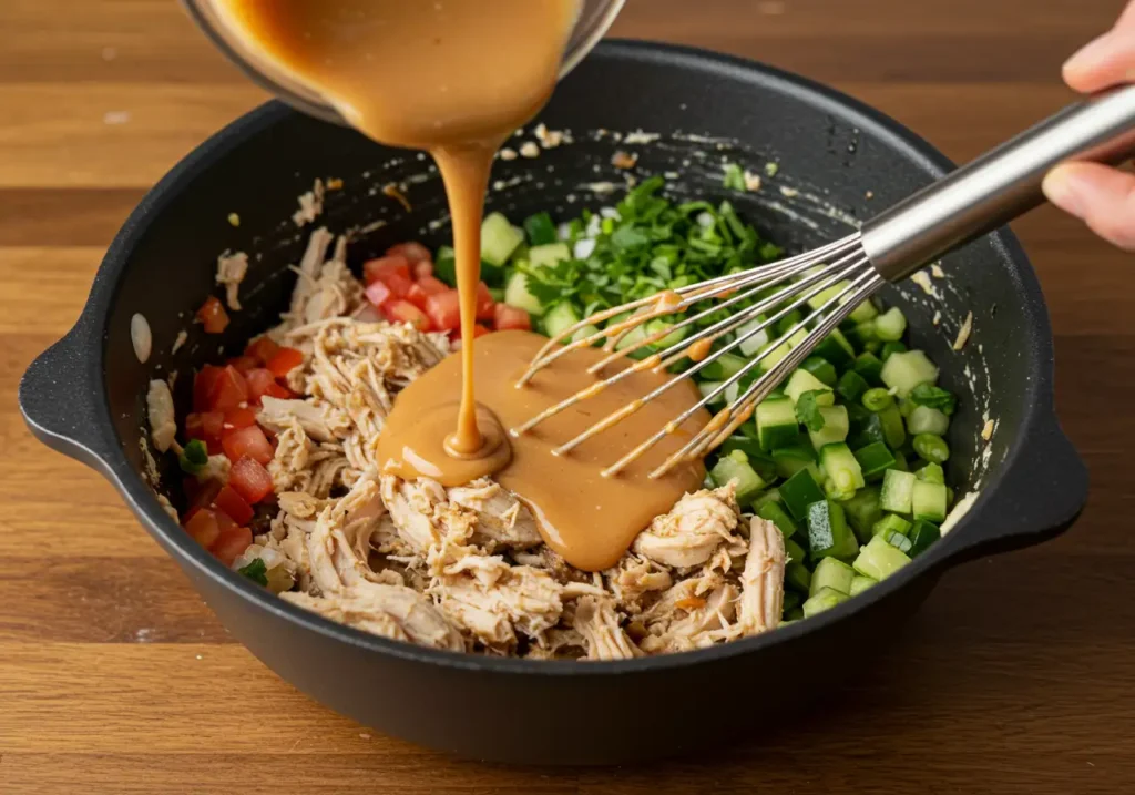 A bowl of shredded chicken mixed with fresh vegetables and seasonings, ready to be tossed with dressing for a flavorful dish.