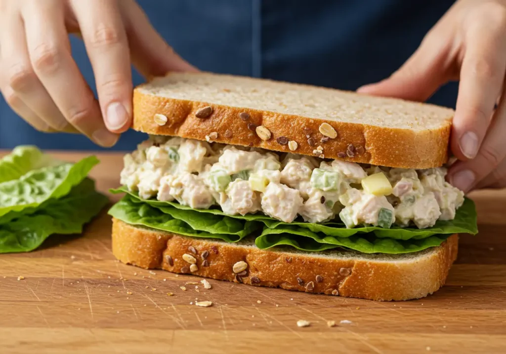 A freshly made chicken salad sandwich on whole wheat bread, topped with crisp lettuce and ready to be enjoyed.