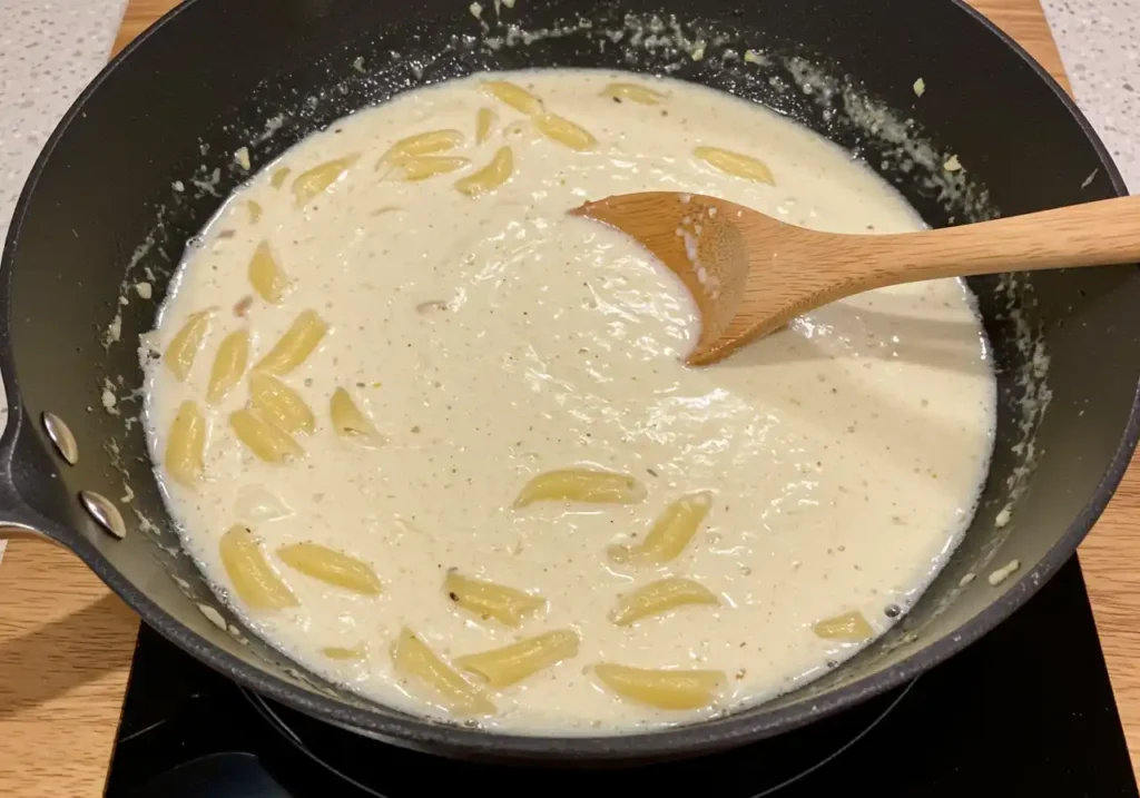 A creamy garlic parmesan sauce simmering in a skillet, with a wooden spoon stirring the rich mixture.