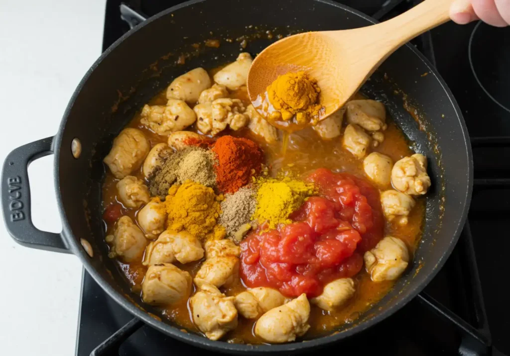 Aromatic spices blooming in a pan with seared chicken, tomatoes, and creamy coconut milk, creating a rich curry base.