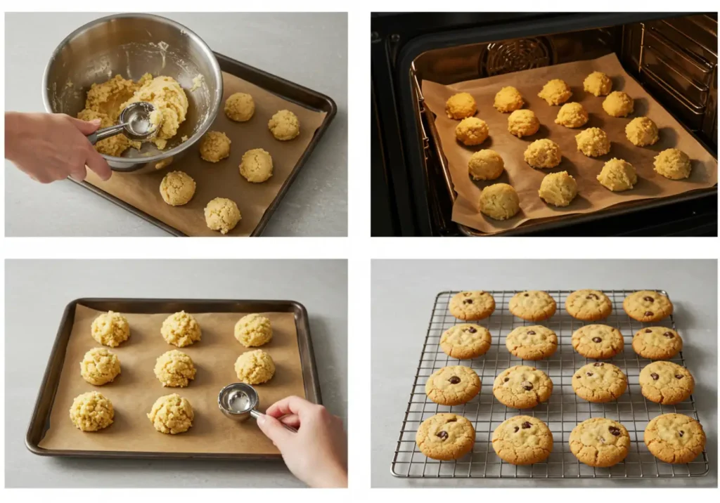 Freshly baked cookies cooling on a wire rack after coming out of the oven.