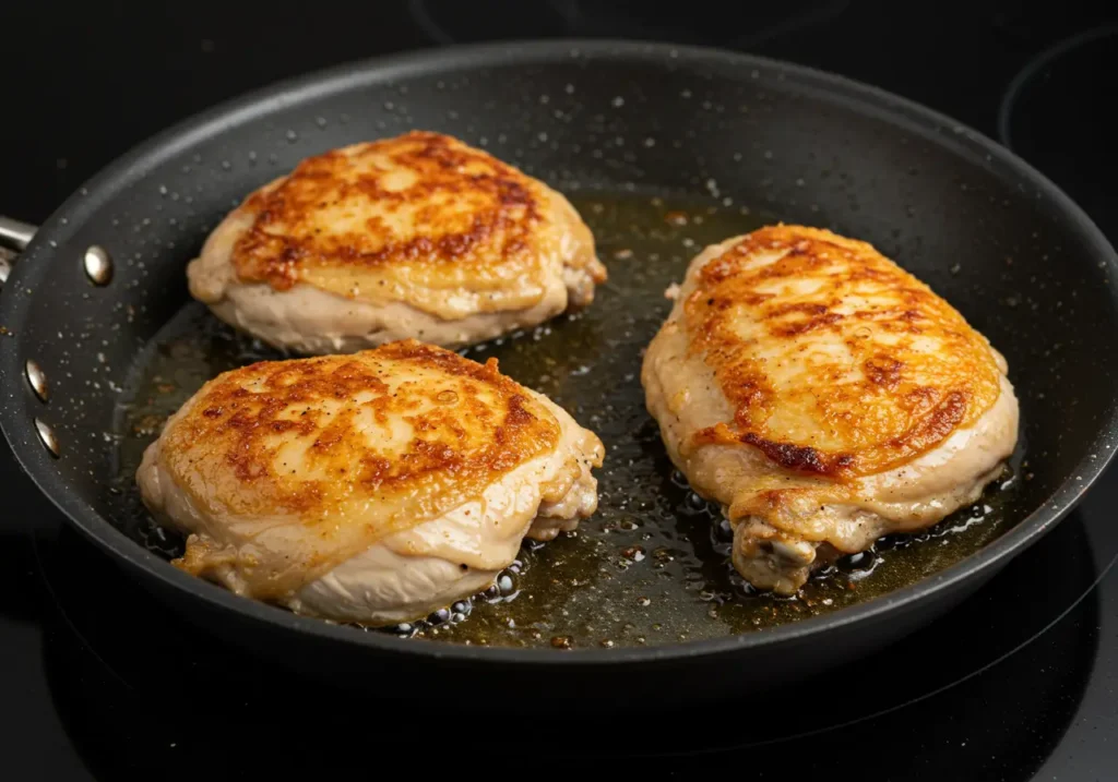 Golden-brown chicken breasts sizzling in a skillet, perfectly seared and ready to be set aside.