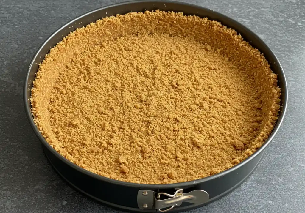 Pressed graham cracker crust in a springform pan, ready for baking.