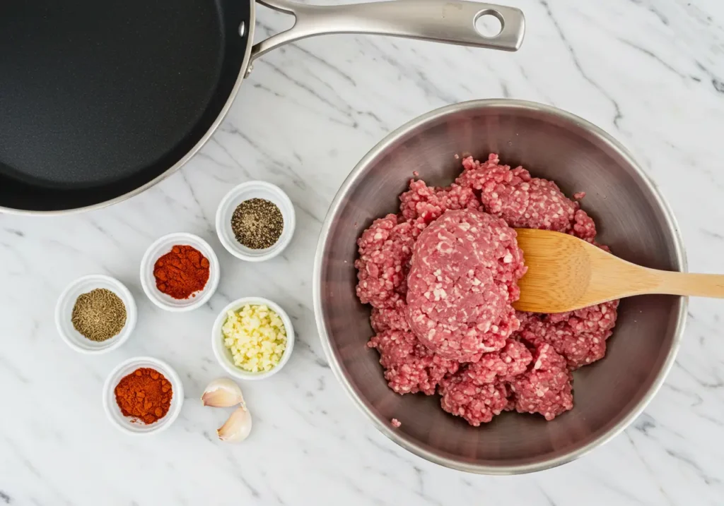 A bowl of raw ground lamb surrounded by essential cooking tools and ingredients, including a frying pan, wooden spoon, spices, minced garlic, and black pepper on a white marble countertop.