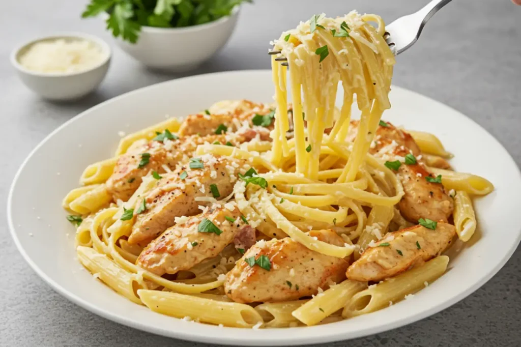 A plate of creamy garlic parmesan chicken pasta,