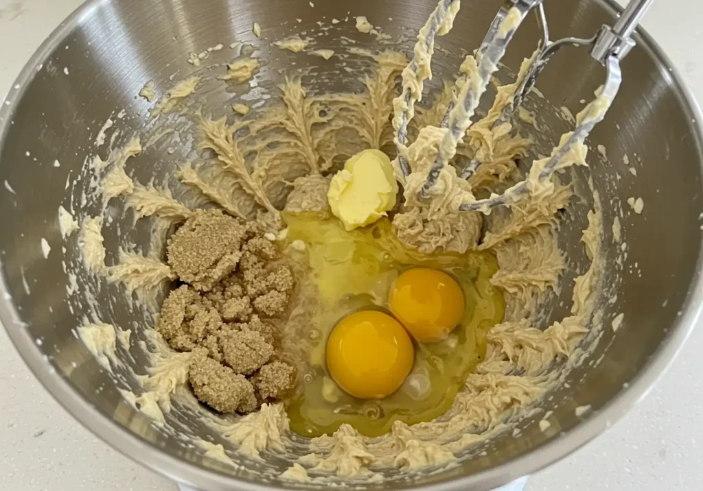 Mixing butter, sugars, egg, mashed banana, and vanilla until light and fluffy in a bowl.