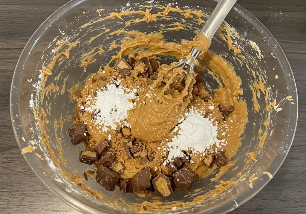 Mixing crushed Butterfinger bars with peanut butter and powdered sugar to create a sweet, sticky mixture.