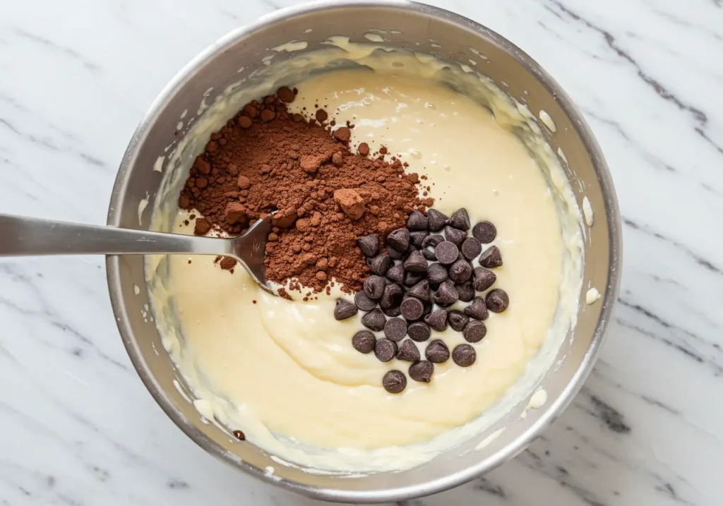 Mixing cocoa powder with hot water to create a smooth mixture, then blending it with vanilla batter and melted chocolate chips for added richness.