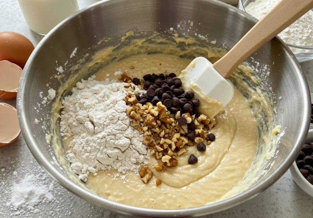 Gently mixing dry ingredients into wet batter, folding in chocolate chips and walnuts.