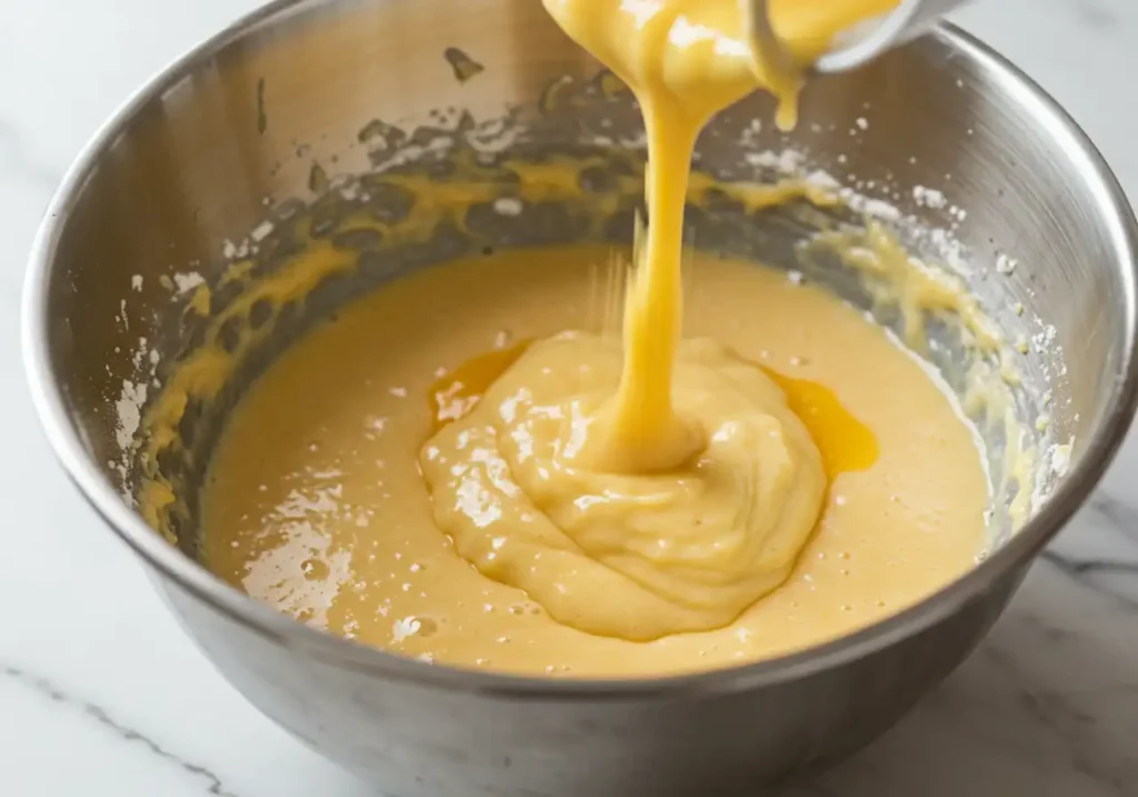 Mixing dry ingredients into the batter while alternating with fresh orange juice and buttermilk in a large mixing bowl.