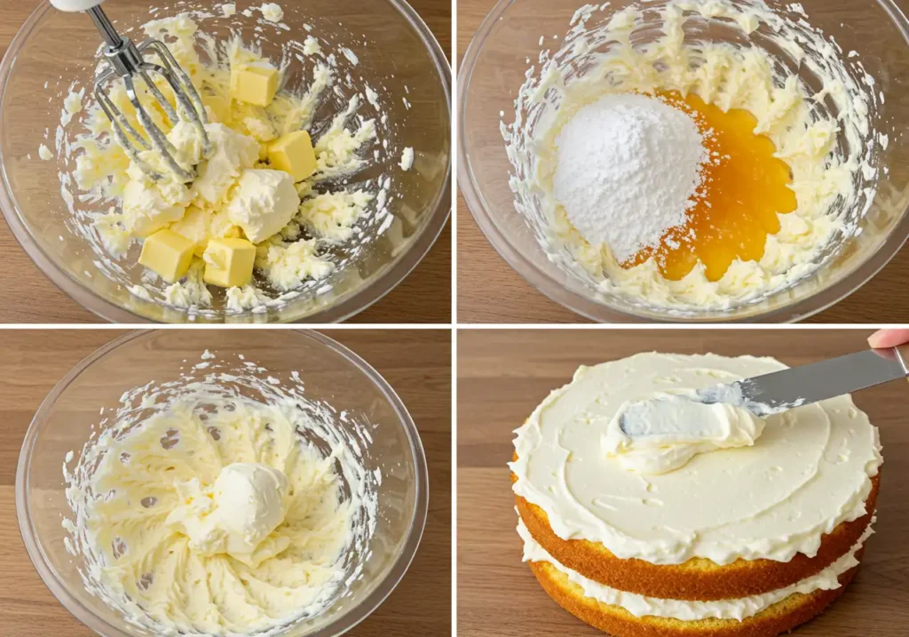 Smooth and creamy orange-infused frosting being spread between cake layers.