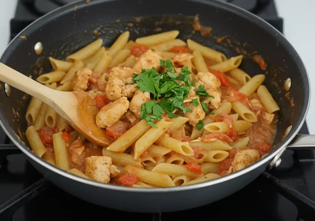 Perfectly cooked pasta tossed with creamy garlic parmesan sauce and succulent chicken, garnished with fresh herbs.