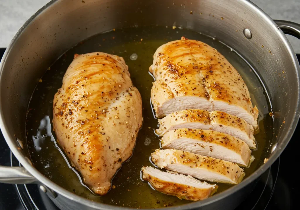 Freshly cooked chicken breast, either boiled or grilled, resting on a cutting board before being shredded or chopped for a delicious pasta dish.