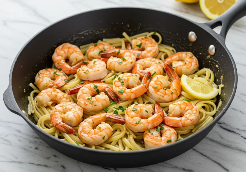 A plate of garlic butter shrimp served over linguine, coated in a rich, golden sauce, and garnished with fresh parsley and lemon wedges.