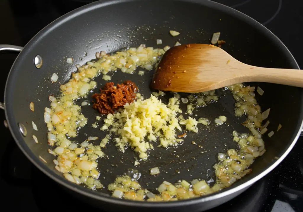 Golden brown sautéed onions with minced garlic and ginger in a pan, sizzling over medium heat.