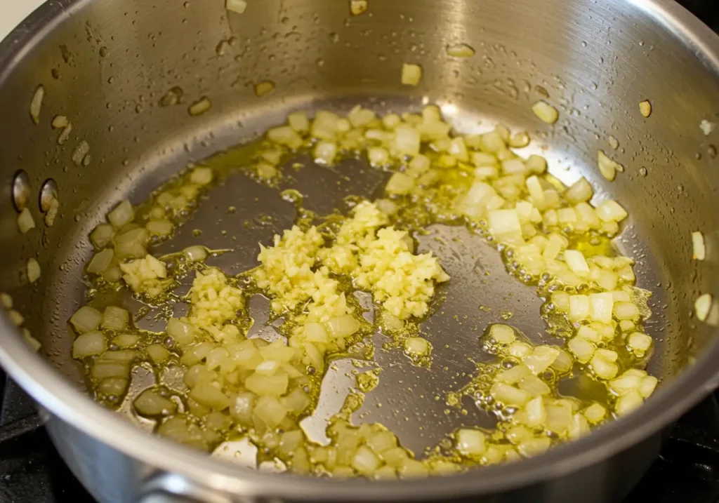 Chopped onions and minced garlic sizzling in a pan with olive oil, releasing a rich aroma.