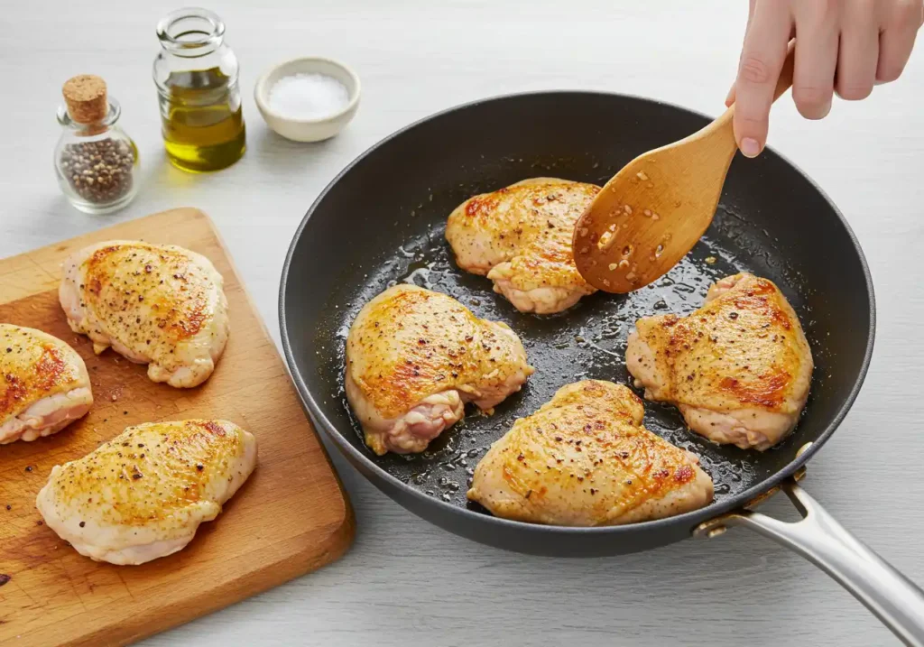 Golden brown seared chicken breasts in a skillet, seasoned with salt, pepper, and paprika.