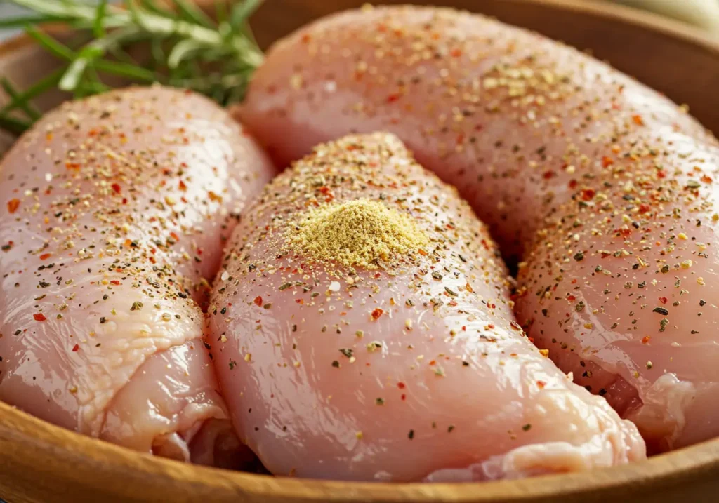 Raw chicken breasts seasoned with salt, pepper, paprika, and garlic powder on a wooden cutting board, ready for cooking.