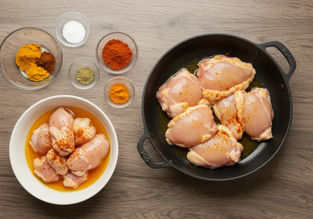 Measured spices in small bowls alongside marinated chicken in a glass dish, ready for cooking.