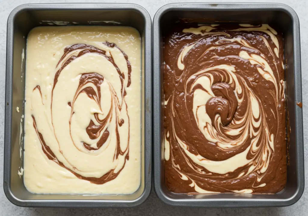 Layering vanilla and chocolate batter in a pan, swirling gently with a knife to create a marbled pattern.