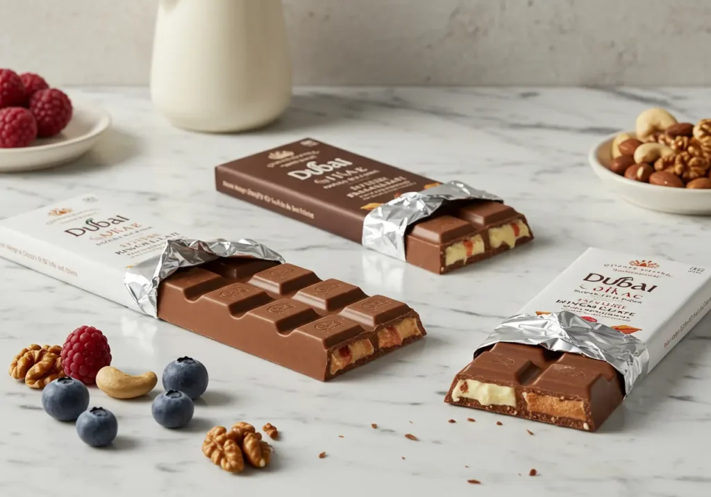 Three types of Dubai chocolate bars —dark, milk, and white—partially unwrapped and placed on a white marble surface with fresh berries and nuts.