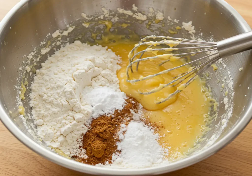 Whisking flour, baking soda, baking powder, cinnamon, and salt in a mixing bowl.