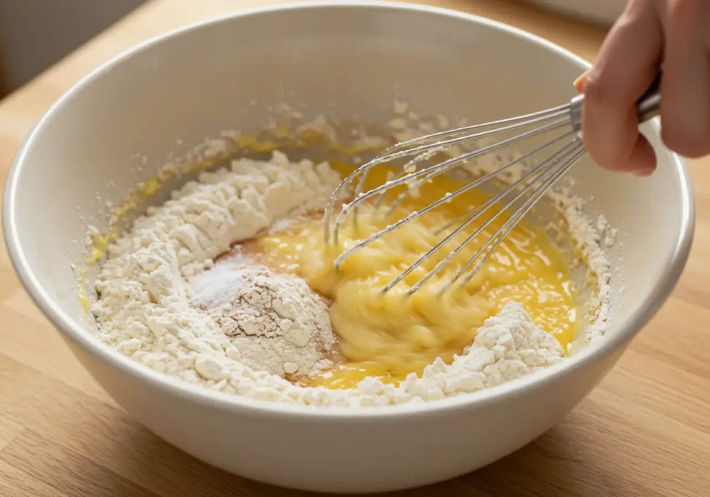 A mixing bowl with flour, baking powder, and salt being whisked together.