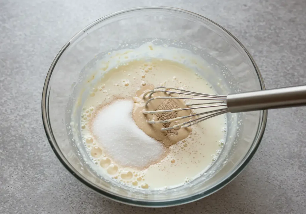 A bowl of warm water with yeast bubbles forming, ready to activate and make dough rise.