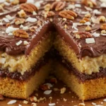 A slice of German Chocolate Poke Cake with rich frosting and coconut pecan topping.