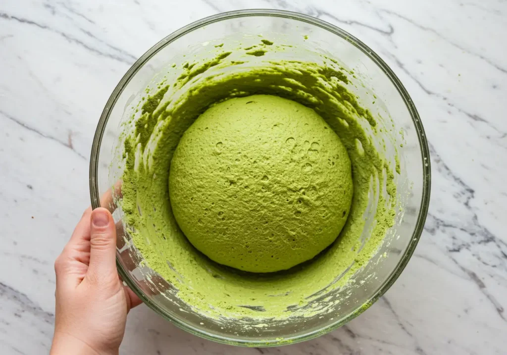 Matcha dough resting in a bowl, covered and rising, ready to double in size.