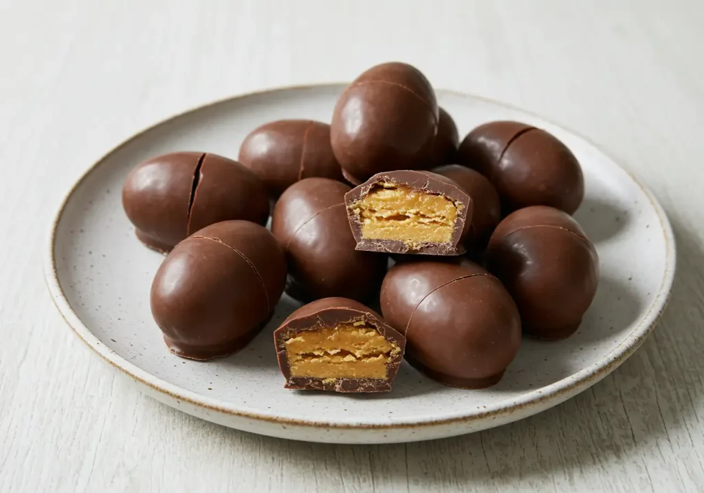 A batch of homemade peanut butter eggs coated in chocolate, ready to enjoy.