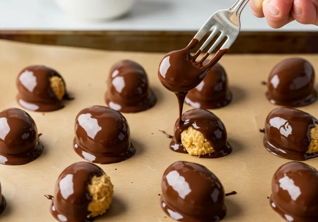 A bowl of melted chocolate being stirred to a glossy, smooth consistency.