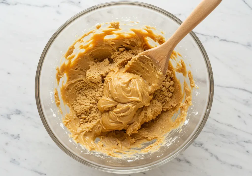 A bowl of smooth peanut butter filling being mixed to a creamy consistency.