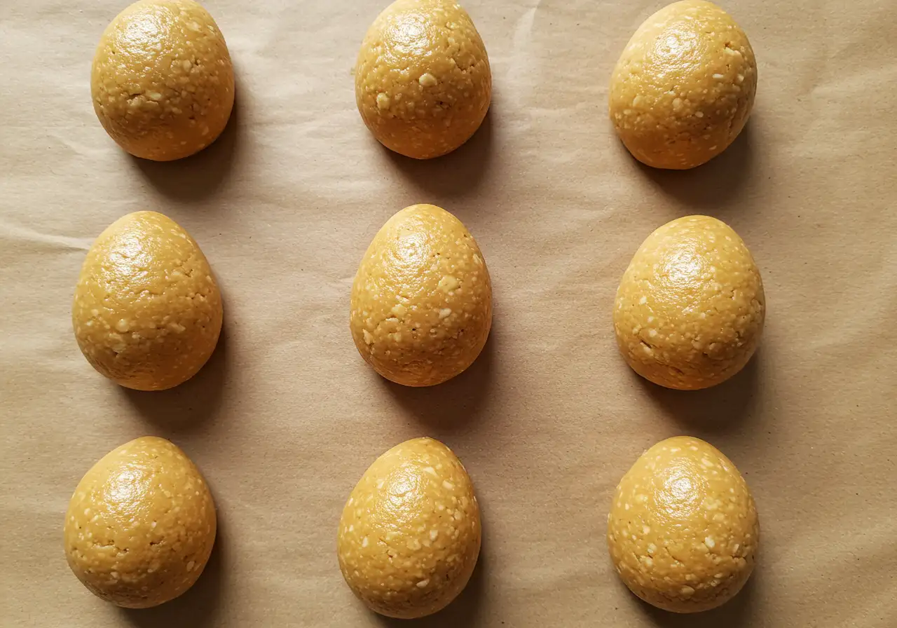 Smooth peanut butter filling being rolled into oval egg shapes on a baking sheet.